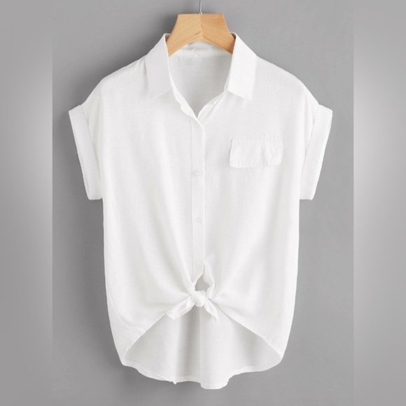 White Knotted Self-Tie Button-Front Shirt - Picture 1 of 5
